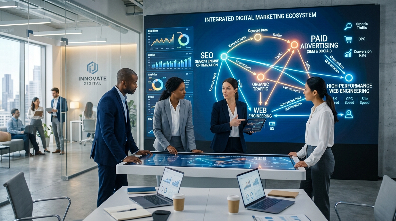 AdZio integrated digital marketing ecosystem connecting search, paid advertising, and web engineering