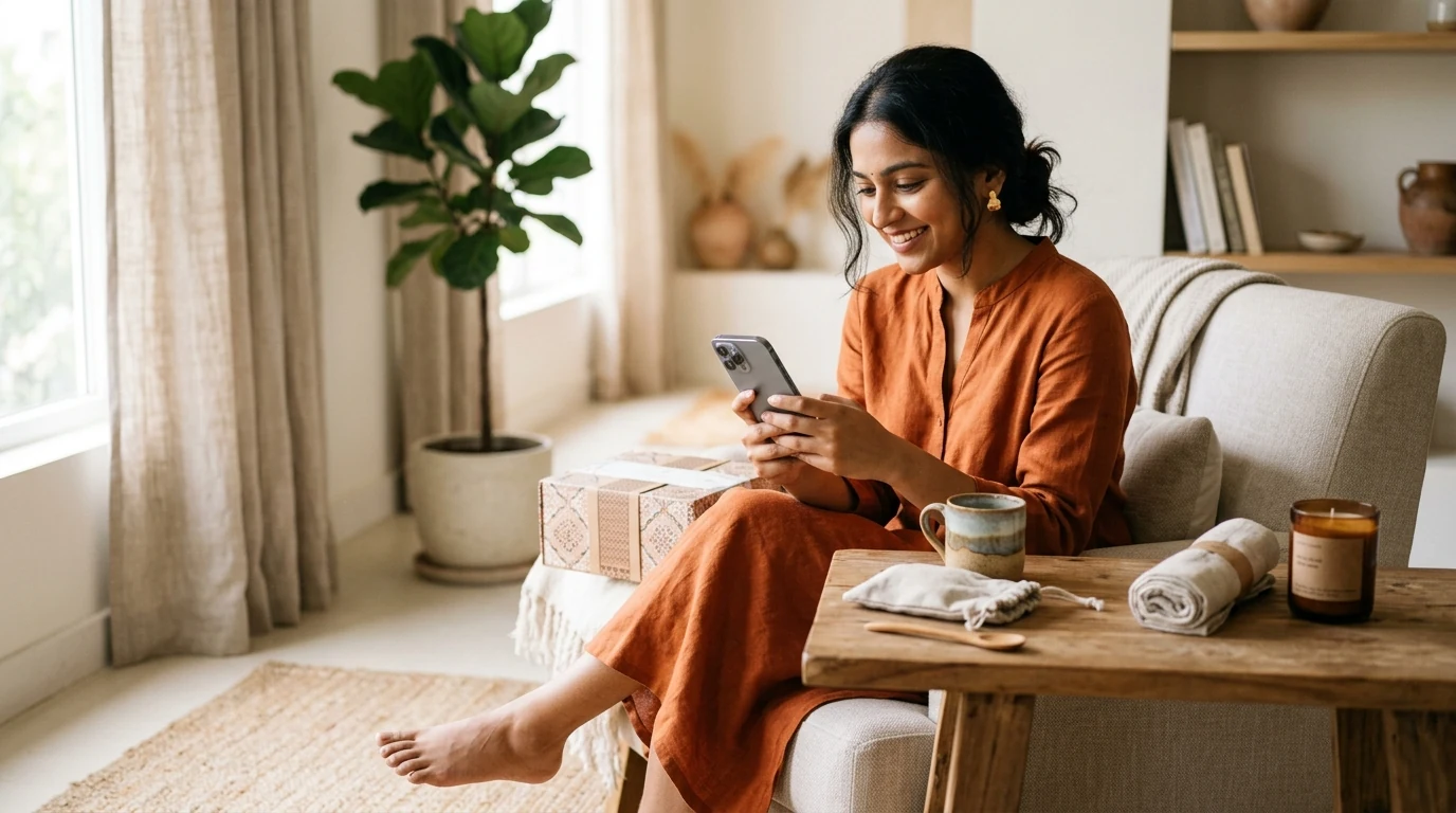 Shopper browsing an online boutique store on mobile with curated lifestyle products nearby