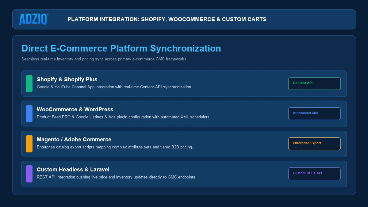 AdZio Google Merchant Center integration with Shopify, WooCommerce, and headless e-commerce