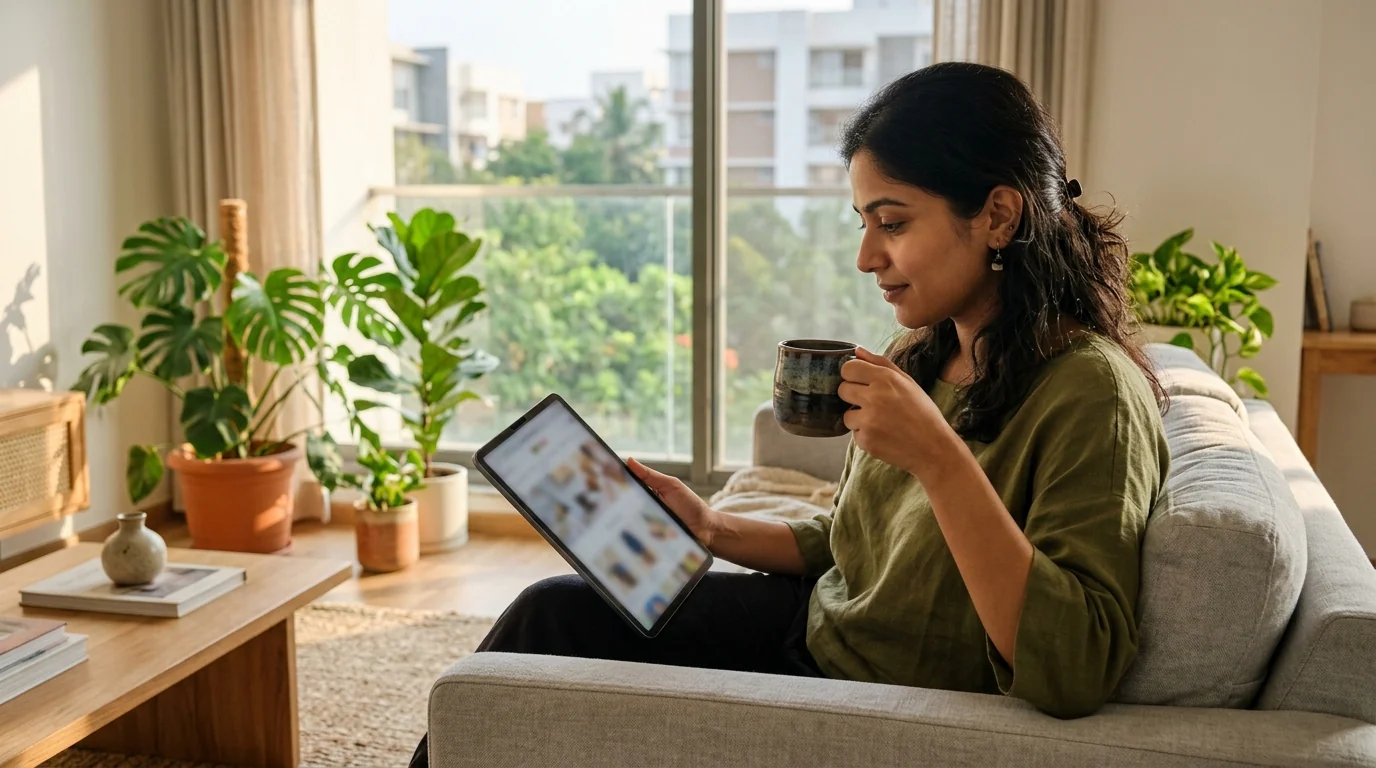 Consumer using a digital tablet in a bright home living room reading detailed e-commerce product comparison guides