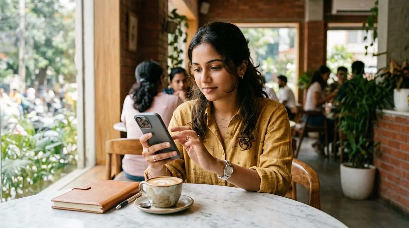 Realistic shopper using mobile smartphone in comfortable environment browsing e-commerce store with smooth UX flow