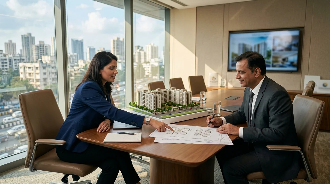 Real estate marketing executive reviewing architectural project scale model and documentation