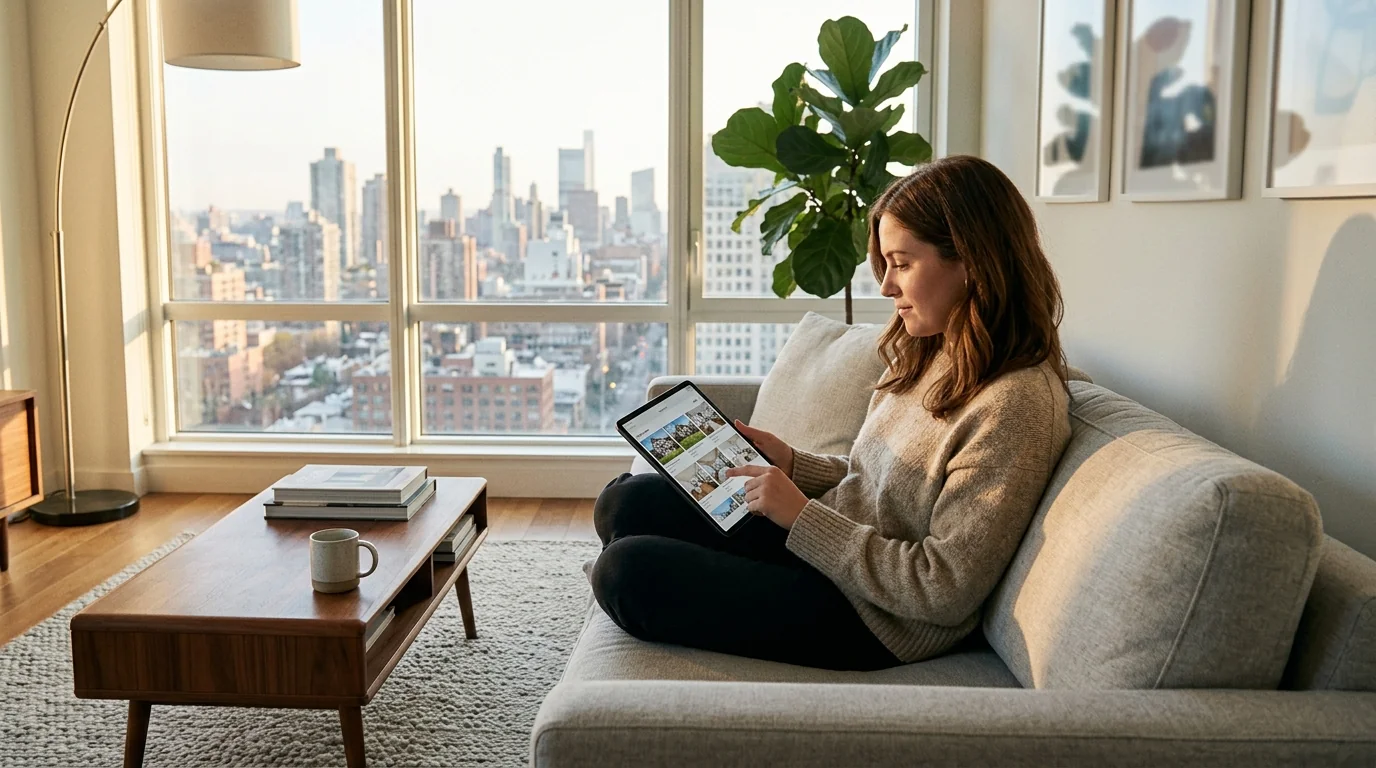 Prospective homebuyer researching localized real estate property listings on a tablet device