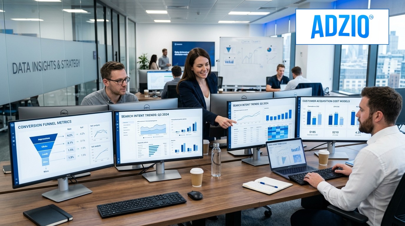 AdZio monthly social media performance report dashboard tracking engagement, net follower growth, and top posts